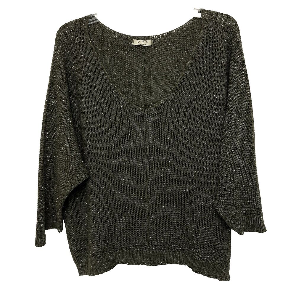 Three Hearts Womens Medium Green Pullover Silver Metallic Thread Knit Sweater